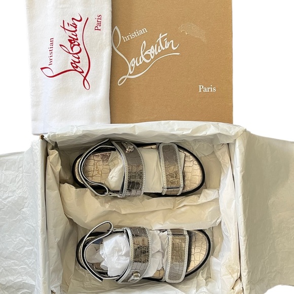 NEW Christian Louboutin Lock Cool Embossed Dad Sandals 36 Silver - Picture 12 of 12